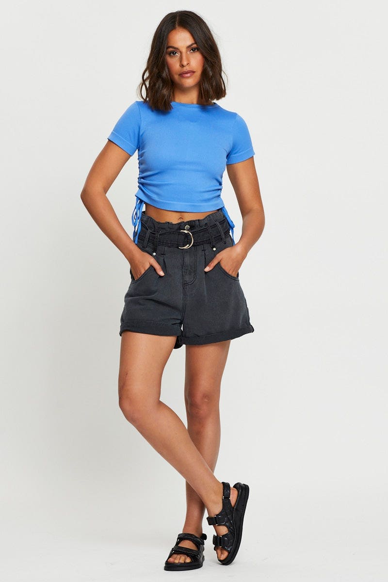 HW RELAXED SHORT Black Belted Denim Shorts High Rise for Women by Ally