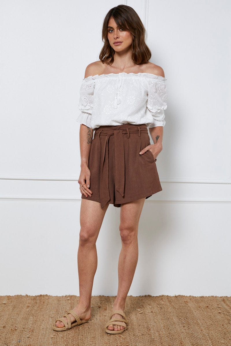 HW SHORT Brown Belted Shorts High Waist Linen for Women by Ally