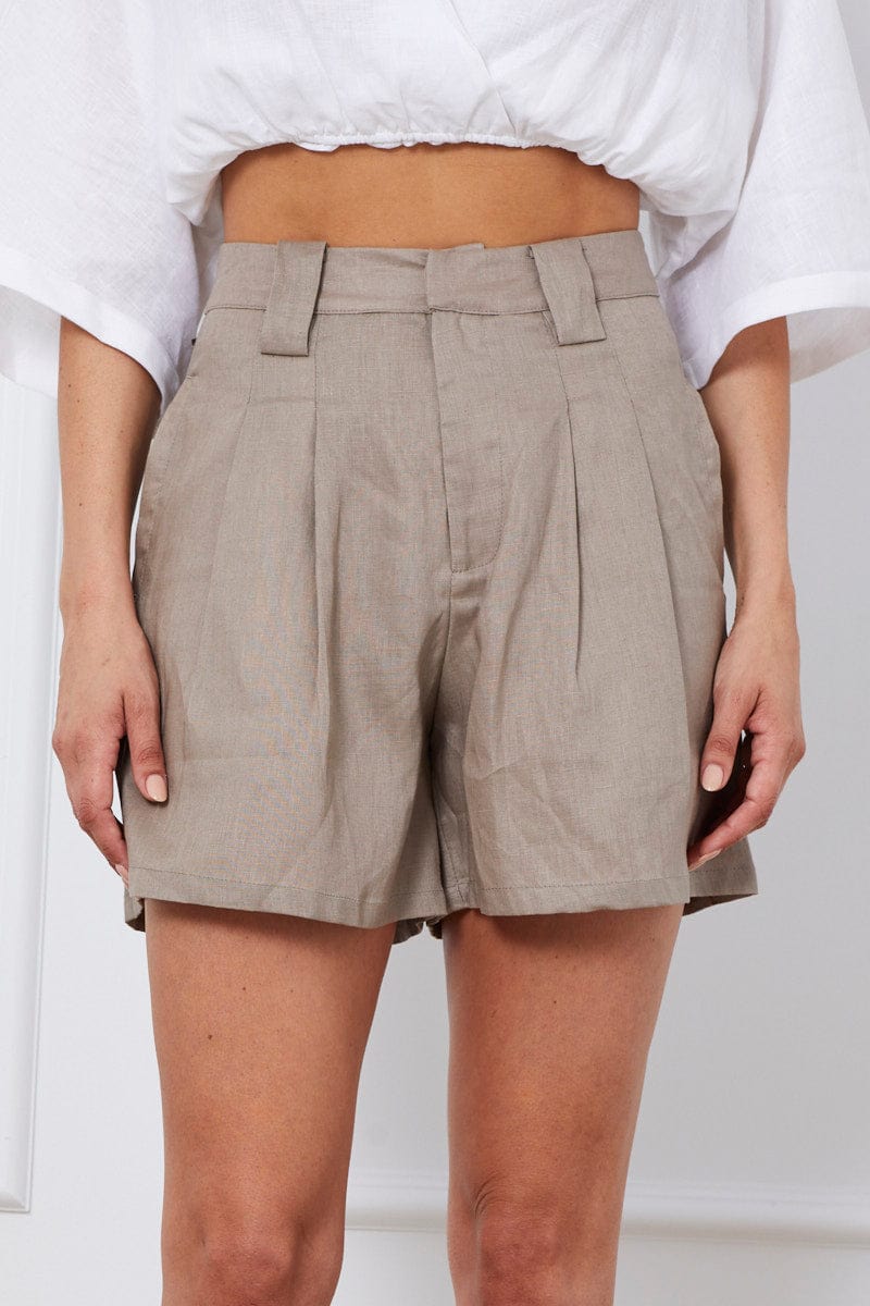 HW SHORT Green Mini Shorts Pleats Linen for Women by Ally
