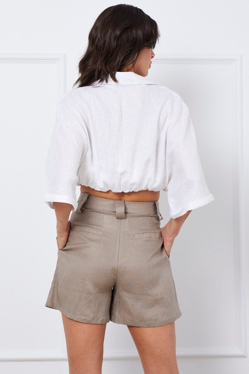 HW SHORT Green Mini Shorts Pleats Linen for Women by Ally
