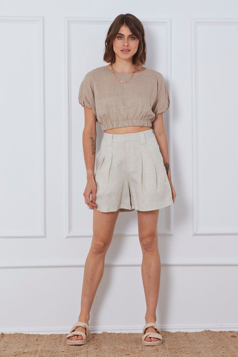 HW SHORT Oatmeal Ma Pleated Shorts High Rise Linen for Women by Ally