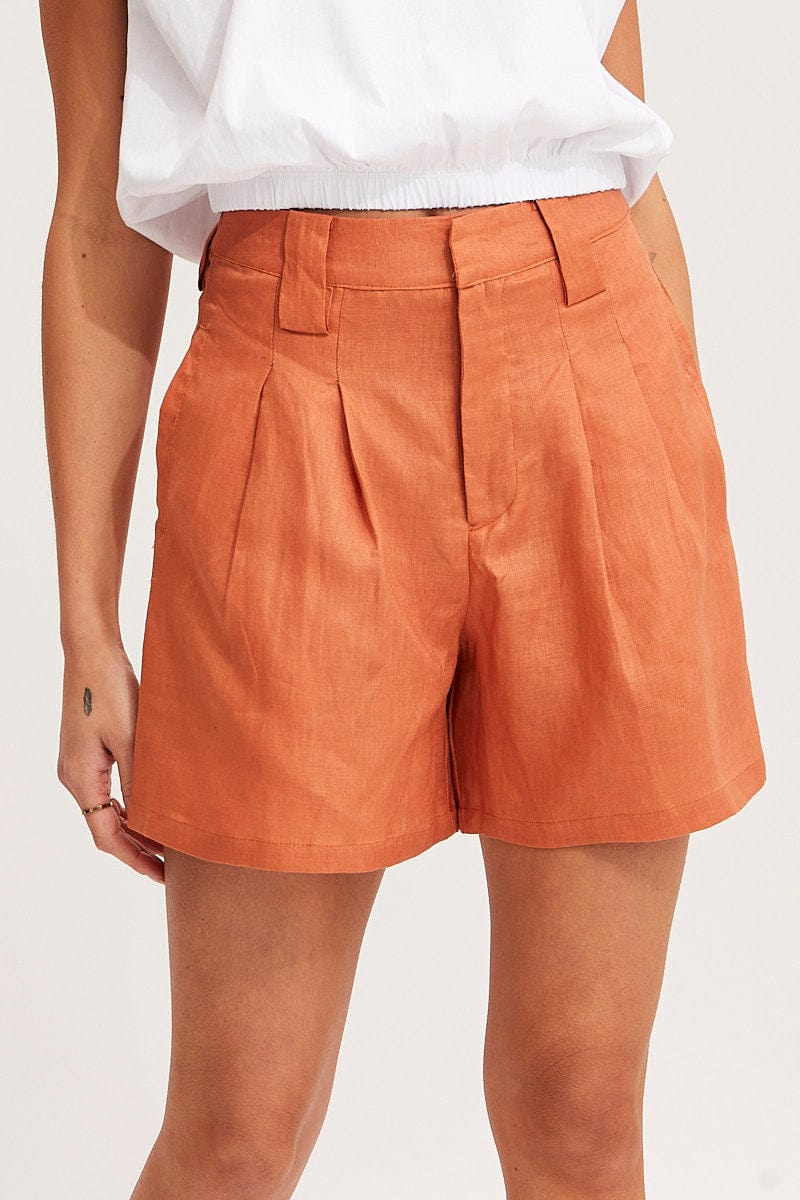 HW SHORT Rust Mini Shorts Pleats Linen for Women by Ally