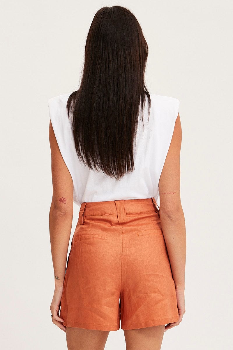 HW SHORT Rust Mini Shorts Pleats Linen for Women by Ally