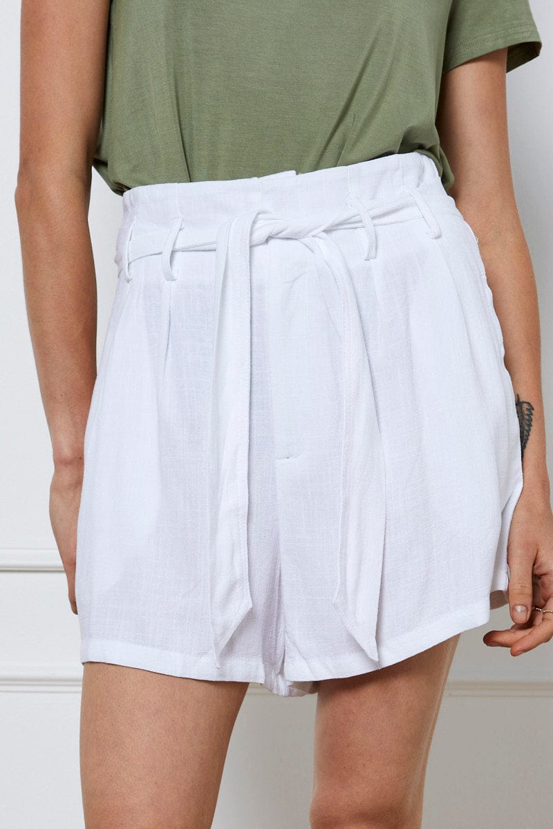 HW SHORT White Belted Shorts High Waist Linen for Women by Ally