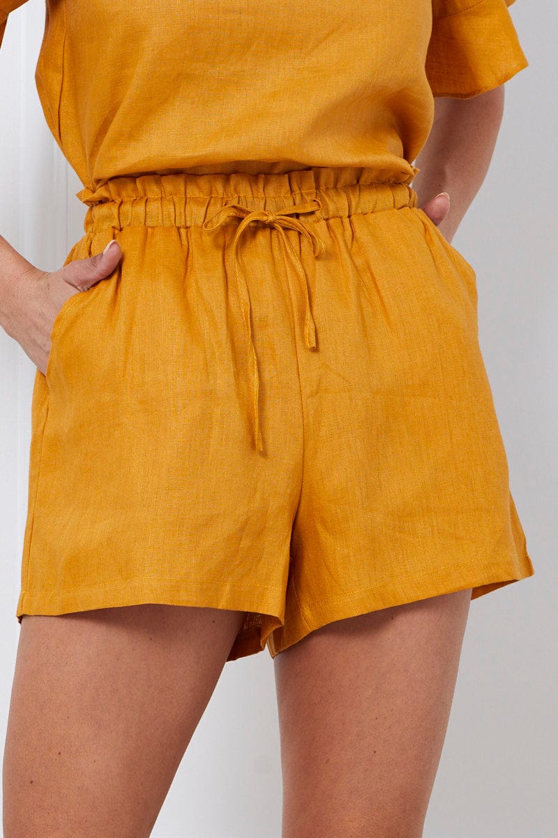 HW SHORT Yellow Tie Up Linen Shorts Paper Bag Linen for Women by Ally
