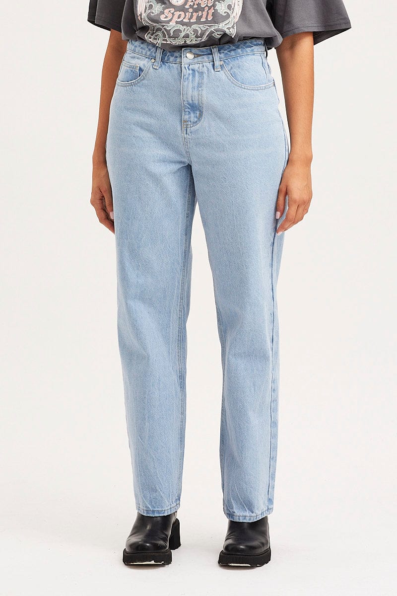 HW STRAIGHT LEG JEAN Blue Unisex Straight Denim Jeans Mid Rise for Women by Ally