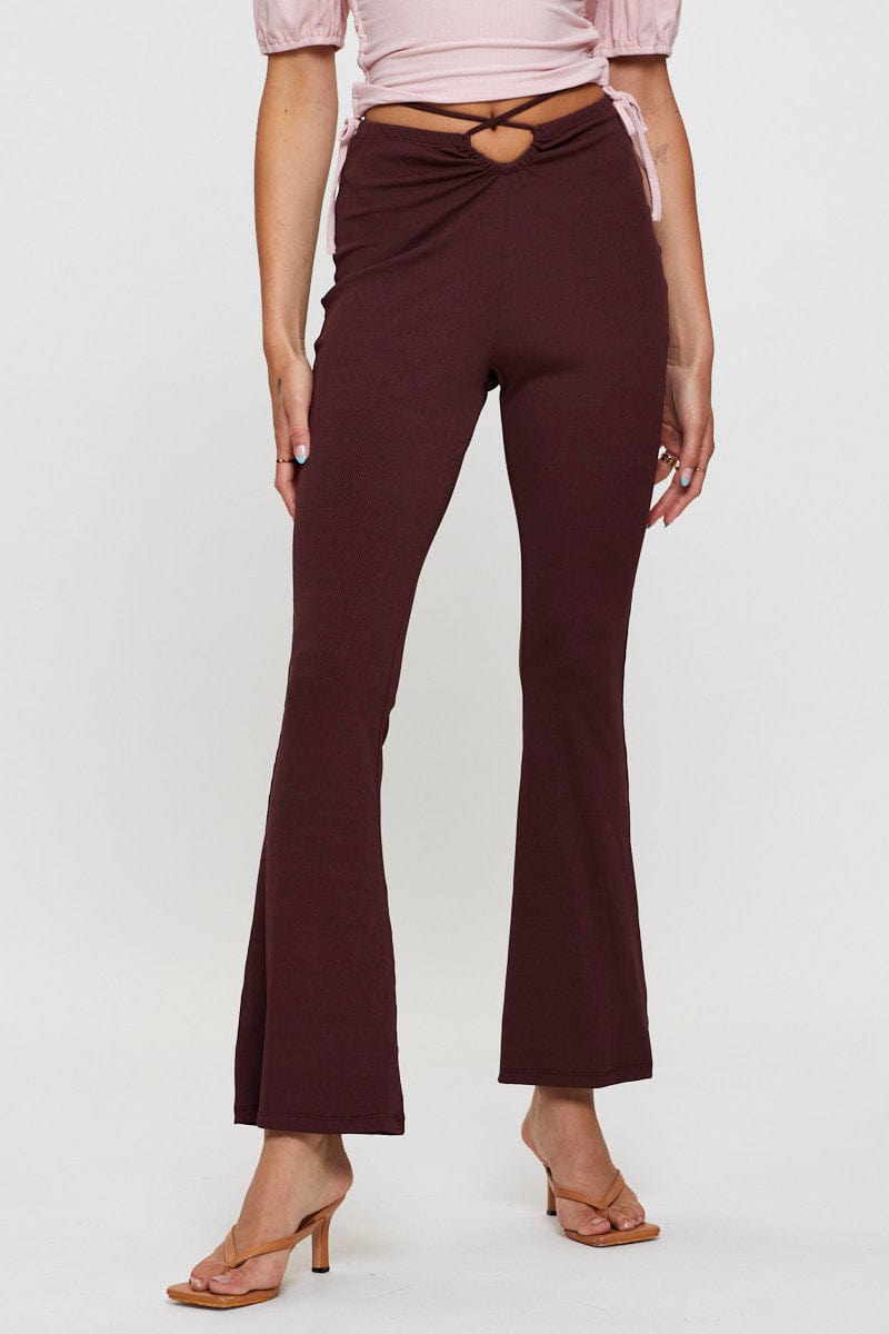 HW WIDE LEG PANT Brown Flare Pants High Rise Waist Tie for Women by Ally