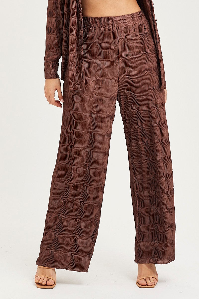 Brown High Rise Pleated Wide Leg Pant