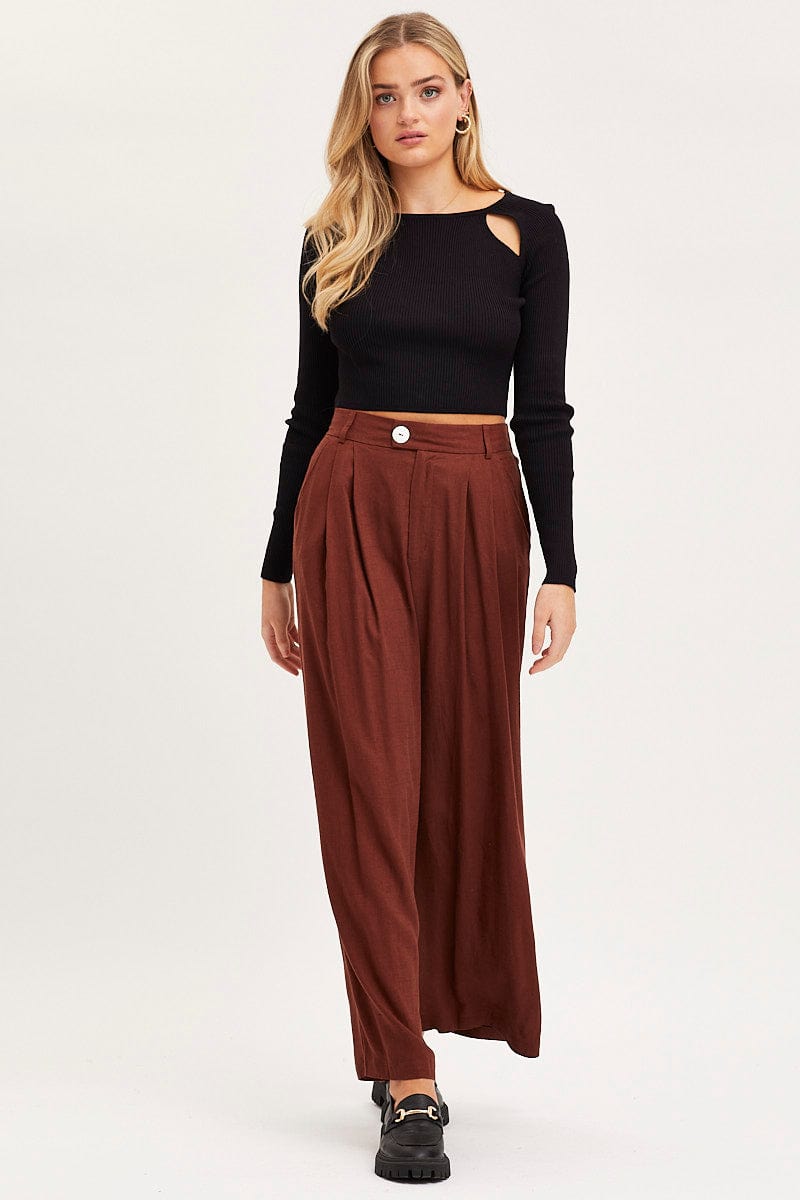 HW WIDE LEG PANT Brown Wide Leg Pants High Rise for Women by Ally