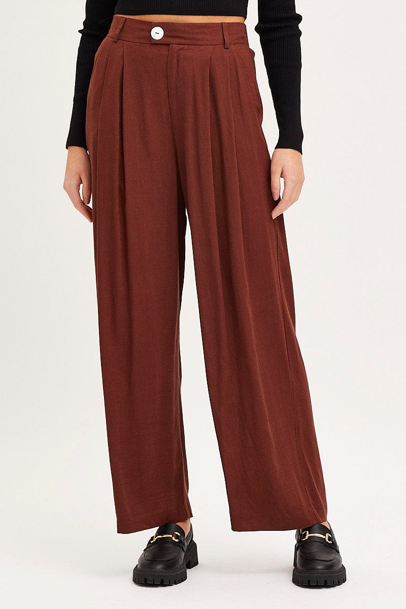 HW WIDE LEG PANT Brown Wide Leg Pants High Rise for Women by Ally