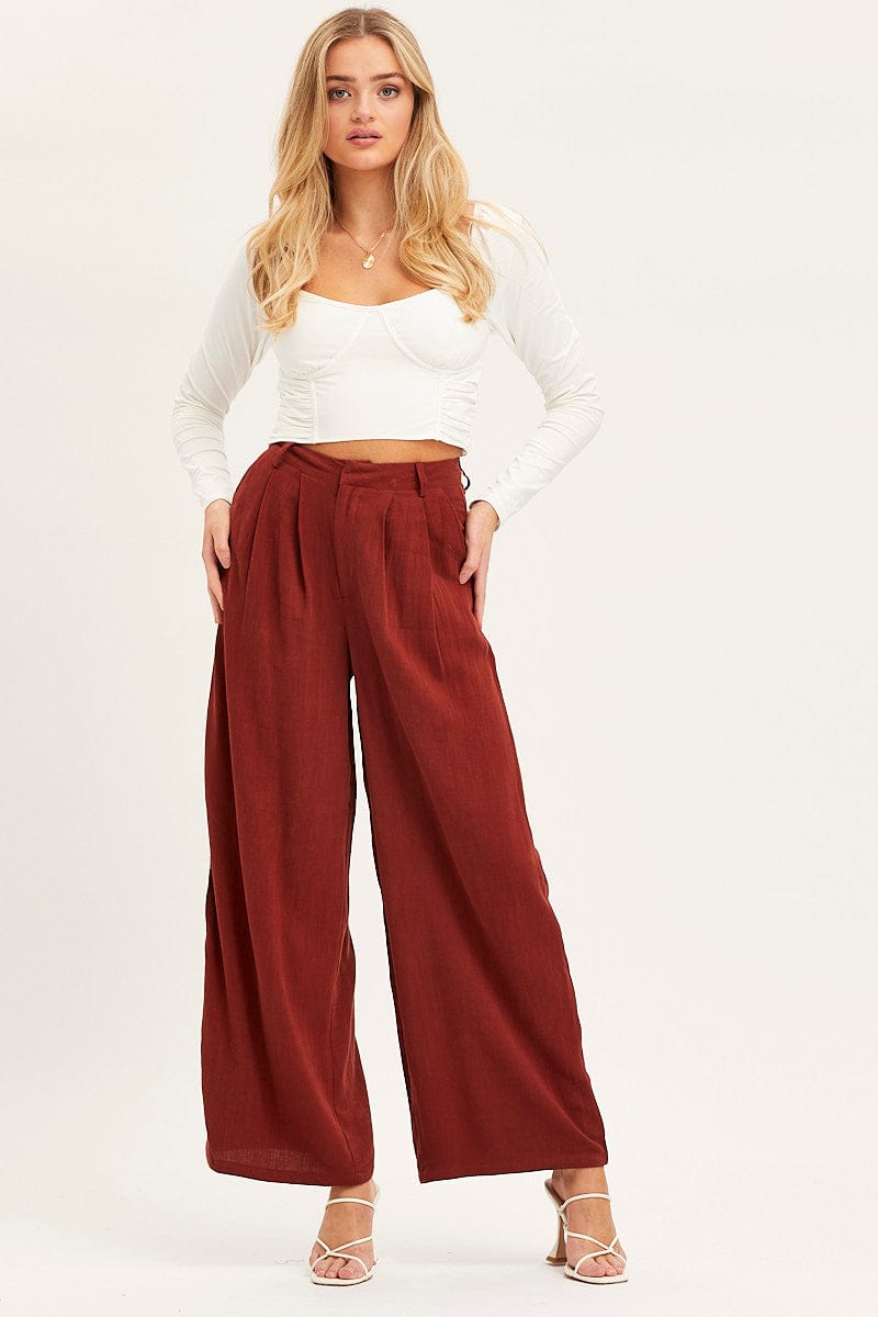HW WIDE LEG PANT Brown Wide Leg Pants High Rise for Women by Ally