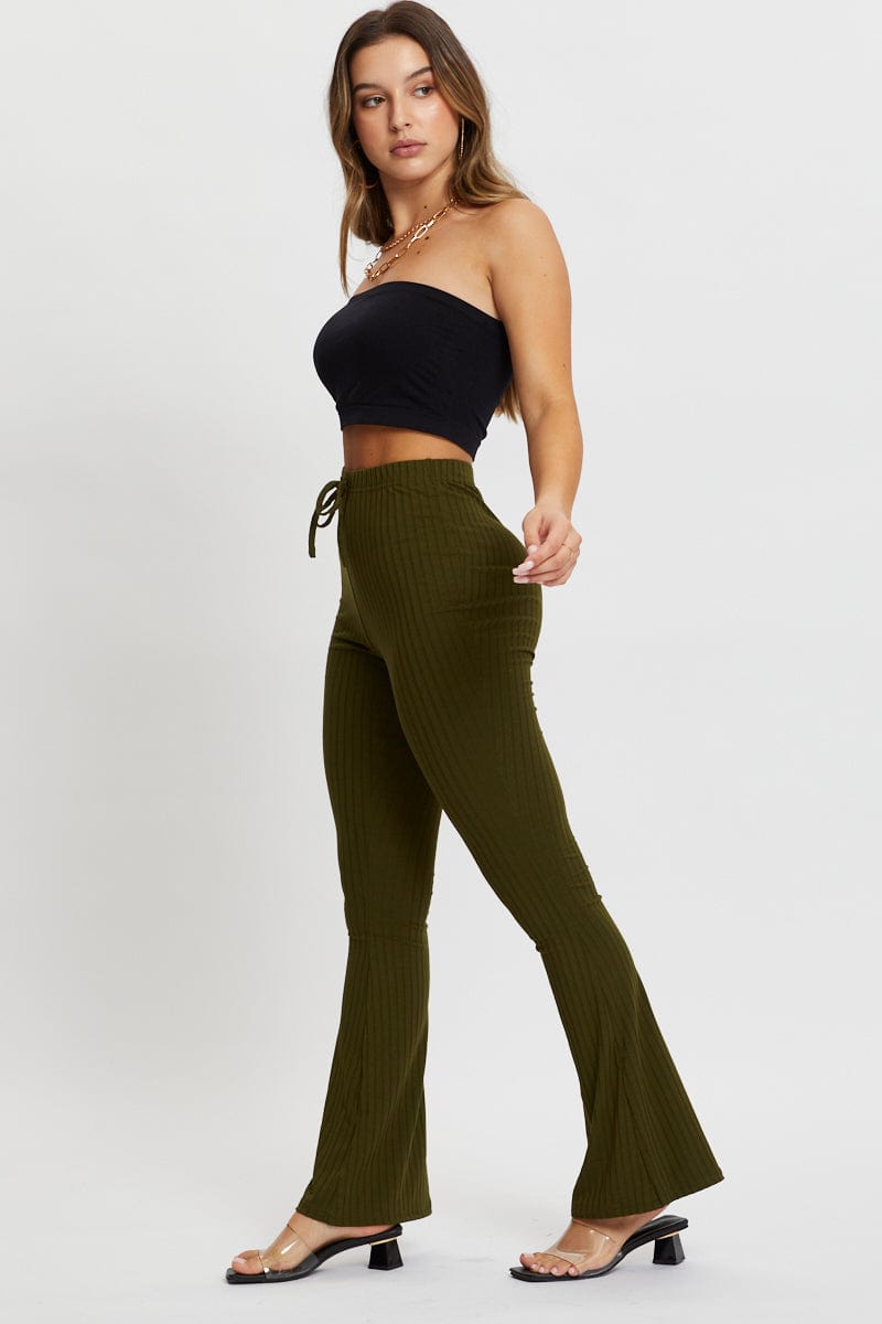 HW WIDE LEG PANT Green Jersey Rib Flared Pants for Women by Ally