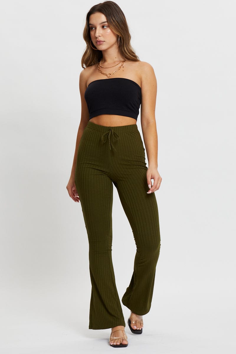HW WIDE LEG PANT Green Jersey Rib Flared Pants for Women by Ally