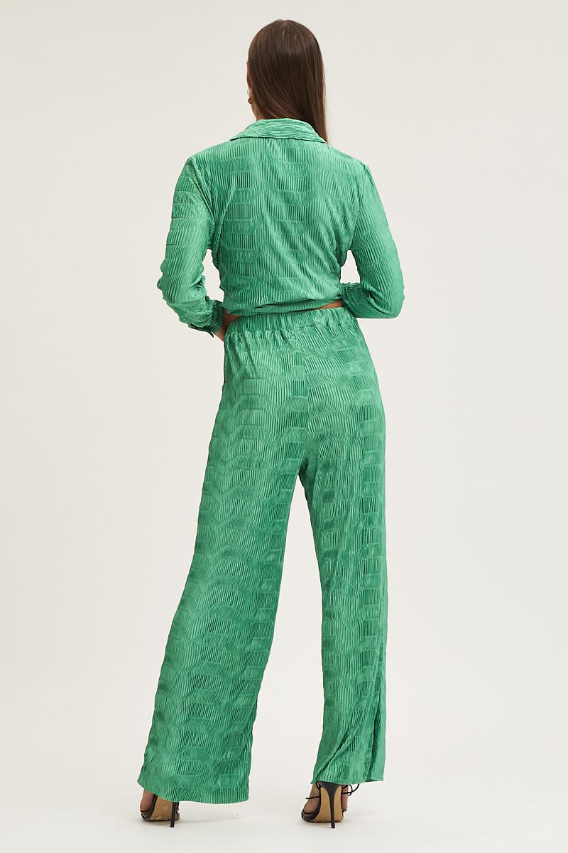 HW WIDE LEG PANT Green Plisse Pants Wide Leg High Rise for Women by Ally