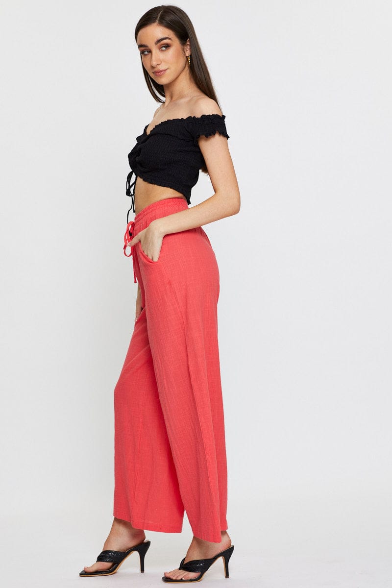 HW WIDE LEG PANT Pink Wide Leg Pants Elastic Waist for Women by Ally