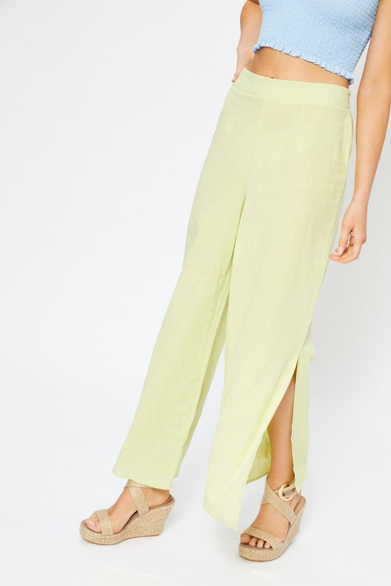 HW WIDE LEG PANT Yellow Linen Blend Elastic Side Slit Wide Leg Pants for Women by Ally