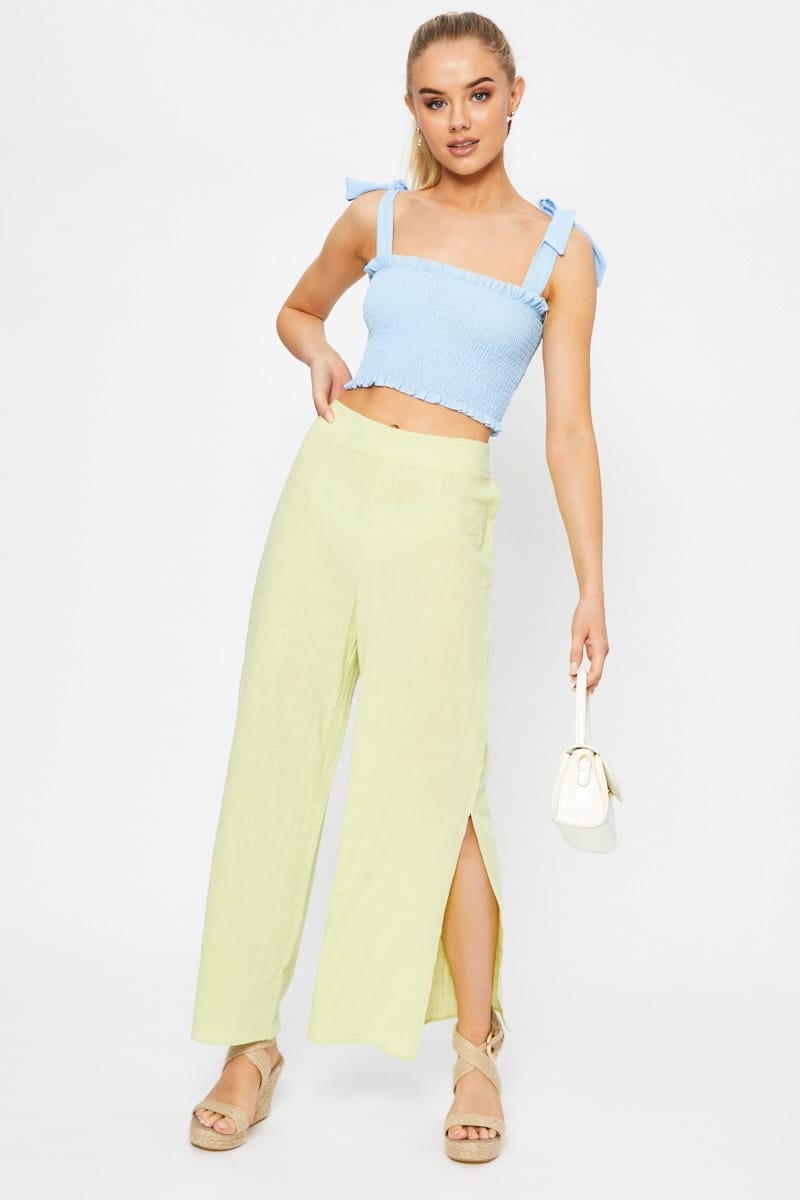 HW WIDE LEG PANT Yellow Linen Blend Elastic Side Slit Wide Leg Pants for Women by Ally