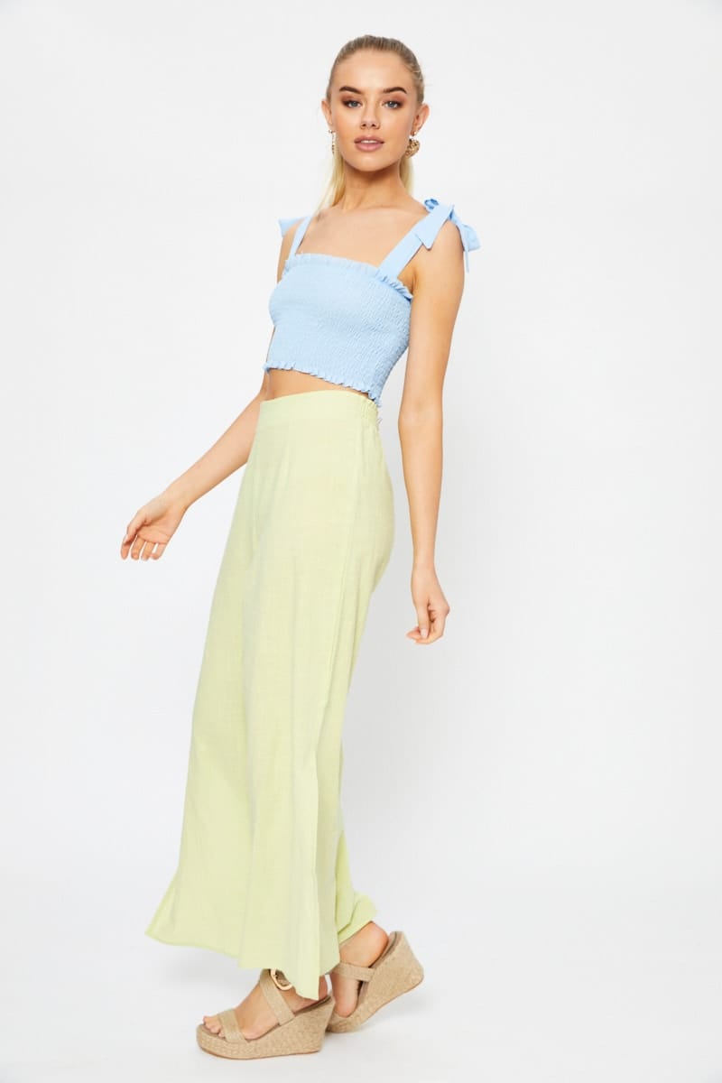 Women's Yellow Linen Blend Elastic Side Slit Wide Leg Pants Ally