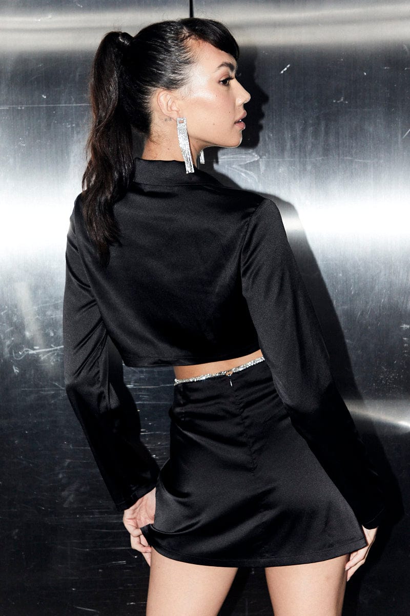 Black Crop Blazer Wrap Diamante Jewel Tie Satin | Ally Fashion