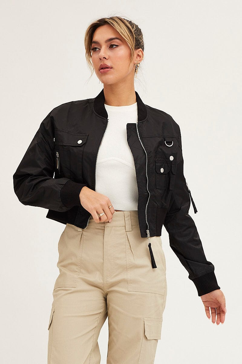 JACKET Black Long Sleeve Cropped Utility Bomber Jacket for Women by Ally