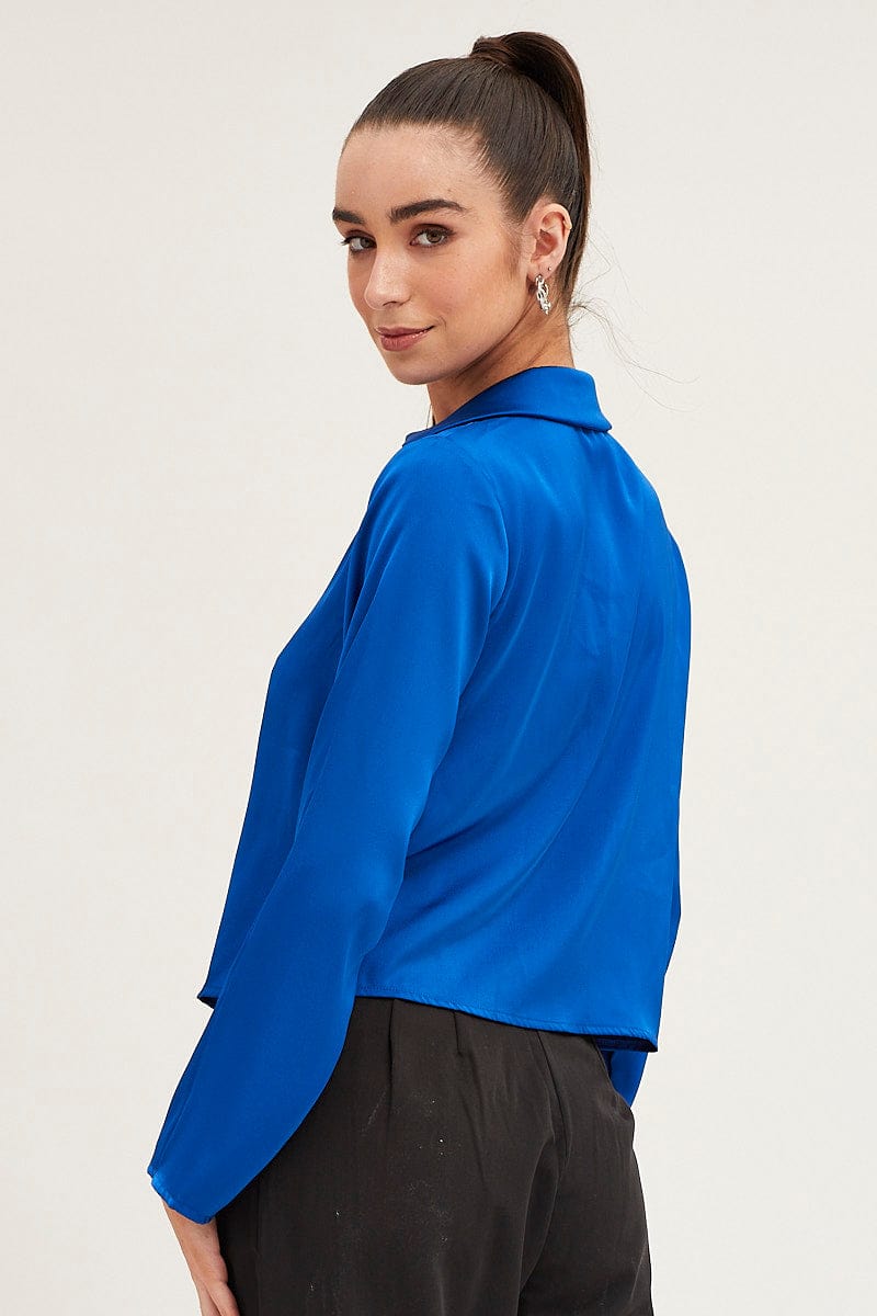 JACKET Blue Satin Long Sleeve Collared Chain-Link Front Jacket for Women by Ally
