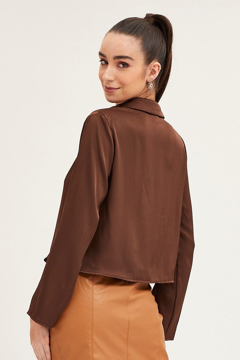 JACKET Brown Satin Long Sleeve Collared Chain-Link Front Jacket for Women by Ally