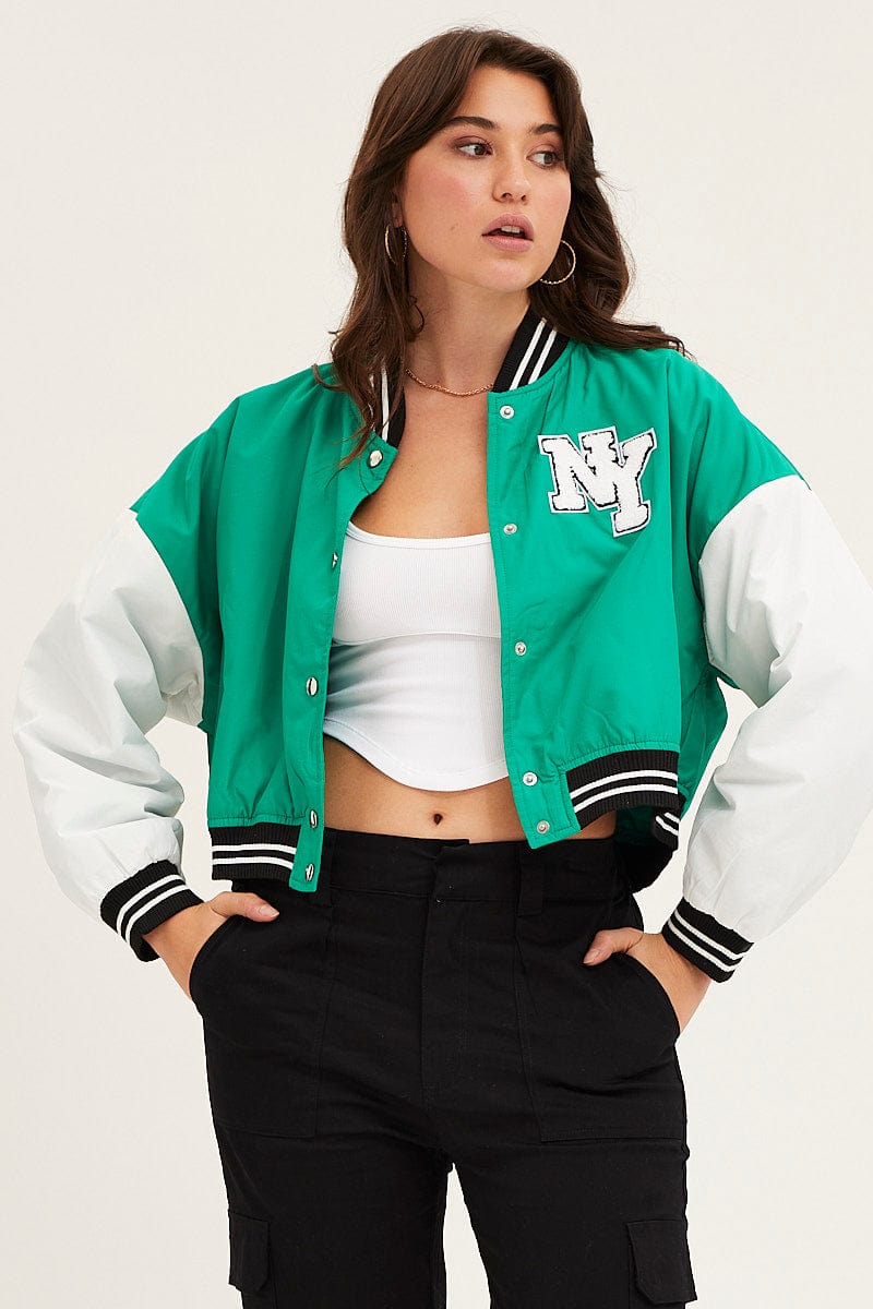 Women’s Green Cropped Varsity Bomber Jacket | Ally Fashion