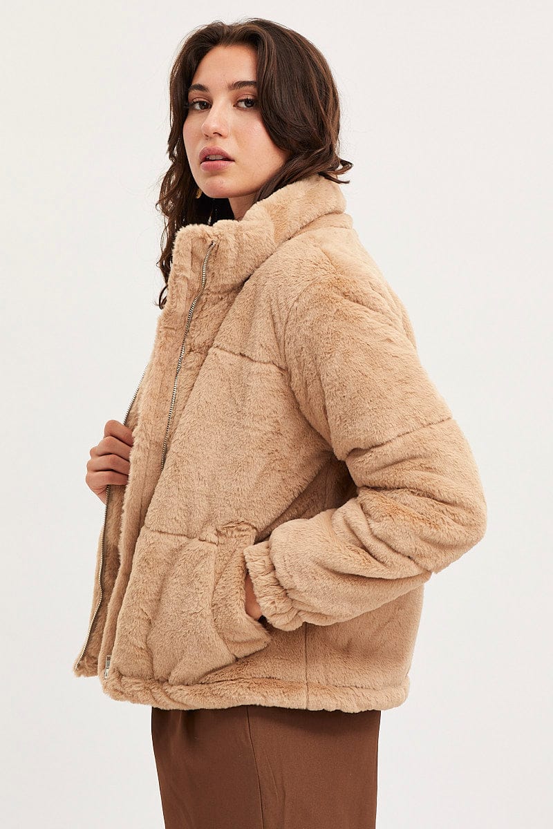 JACKET Nude Faux Fur Jacket Long Sleeve for Women by Ally