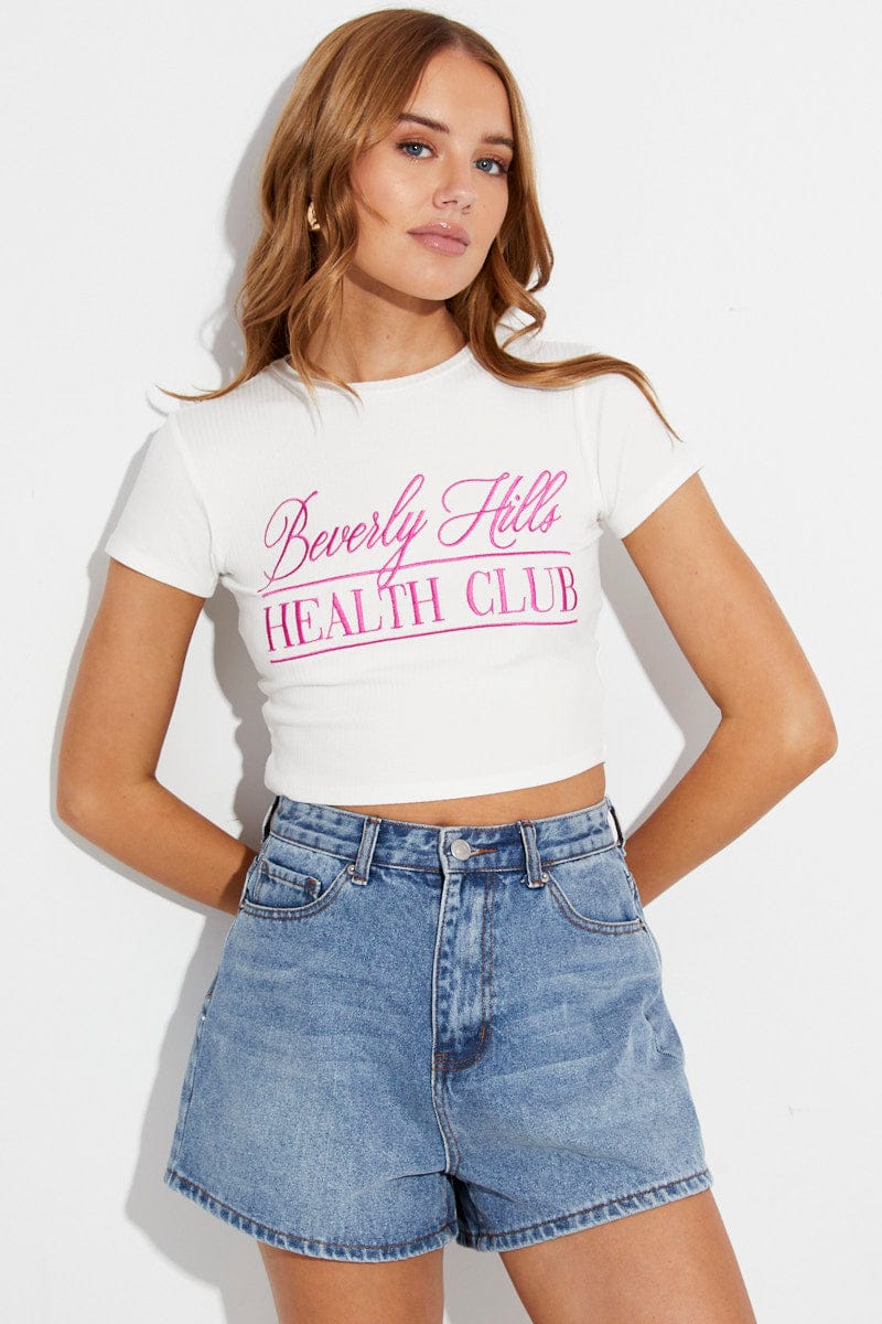 Pink Crop Tee Embroidered Beverly Hills Slogan Tshirt for Ally Fashion
