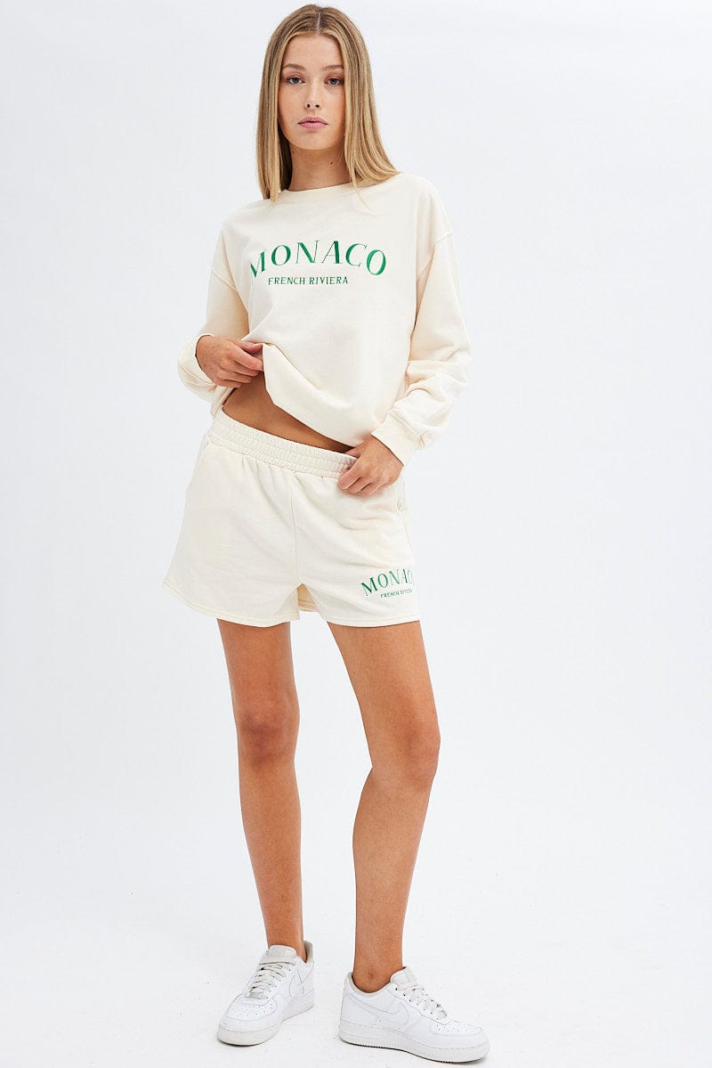 Cream Sweater Varsity Embroidered Monaco Slogan | Ally Fashion