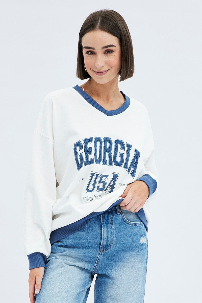 White Sweat Shirt Long Sleeve V-Neck Georgia Terry for Ally Fashion