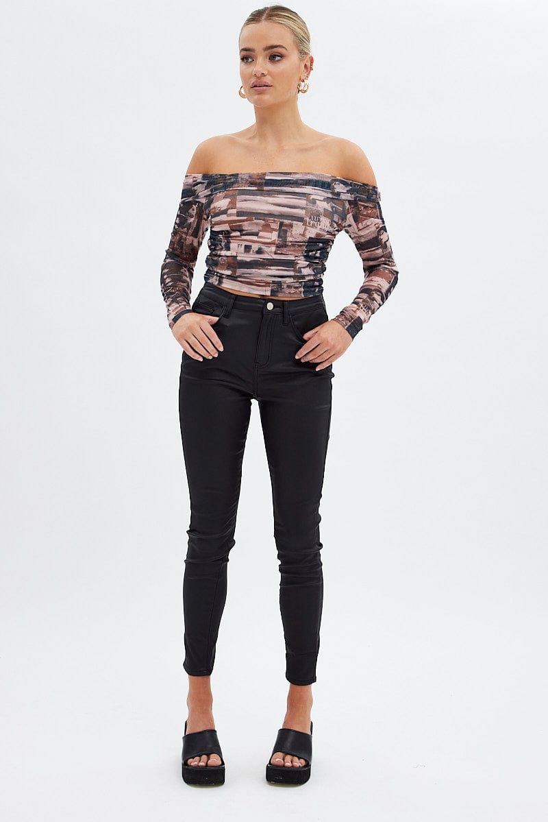 Brown Print Bardot Top Long Sleeve Off Shoulder Mesh Crop for Ally Fashion