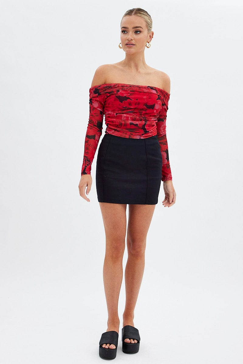 Red Floral Bardot Top Long Sleeve Off Shoulder Mesh Crop for Ally Fashion