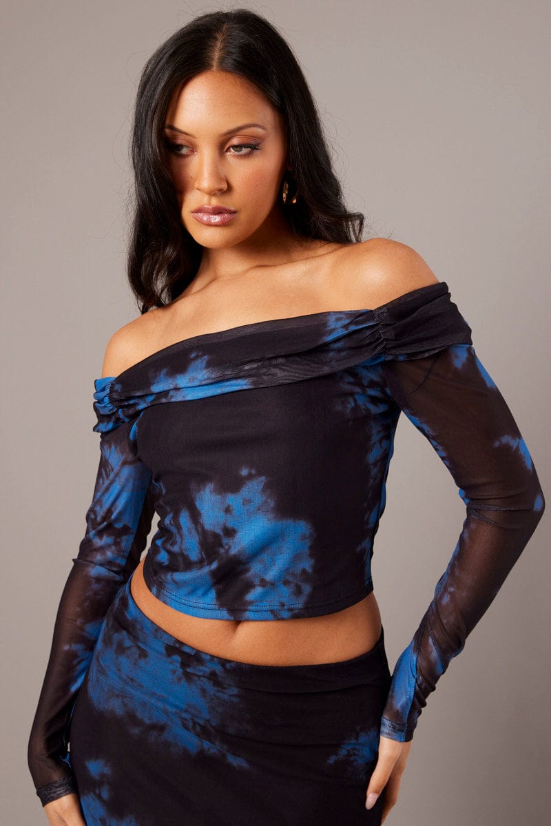 Blue Abstract Off Shoulder Top Long Sleeve Mesh for Ally Fashion