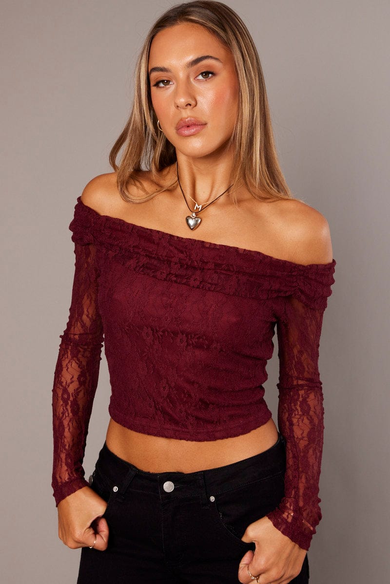 Red Off Shoulder Top Long Sleeve for Ally Fashion