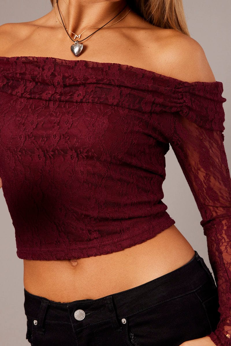 Red Off Shoulder Top Long Sleeve for Ally Fashion