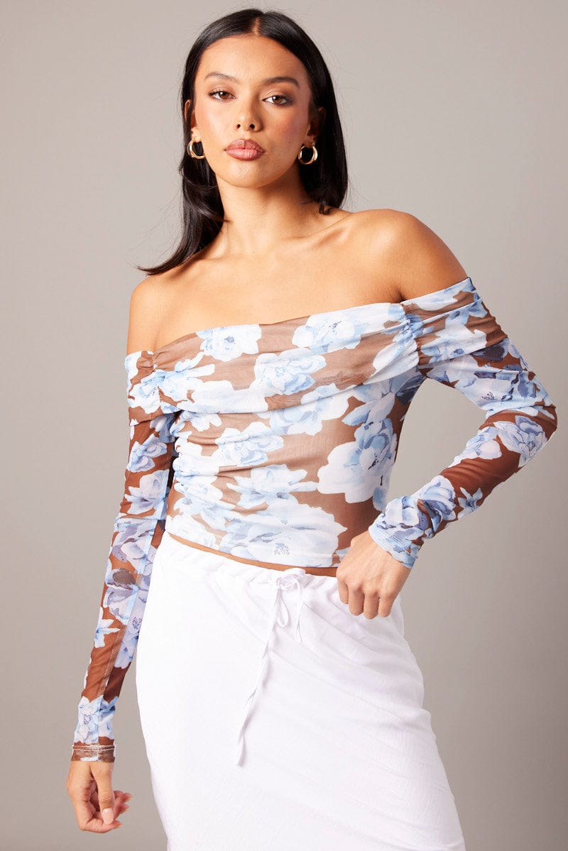 Multi Floral Off Shoulder Top Long Sleeve Mesh for Ally Fashion