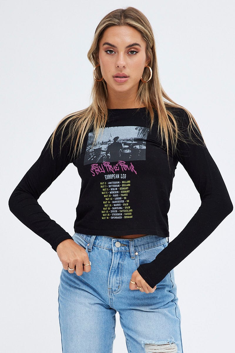 Black Top Long Sleeve Crew Neck Semi-Crop Tour Graphic for Ally Fashion