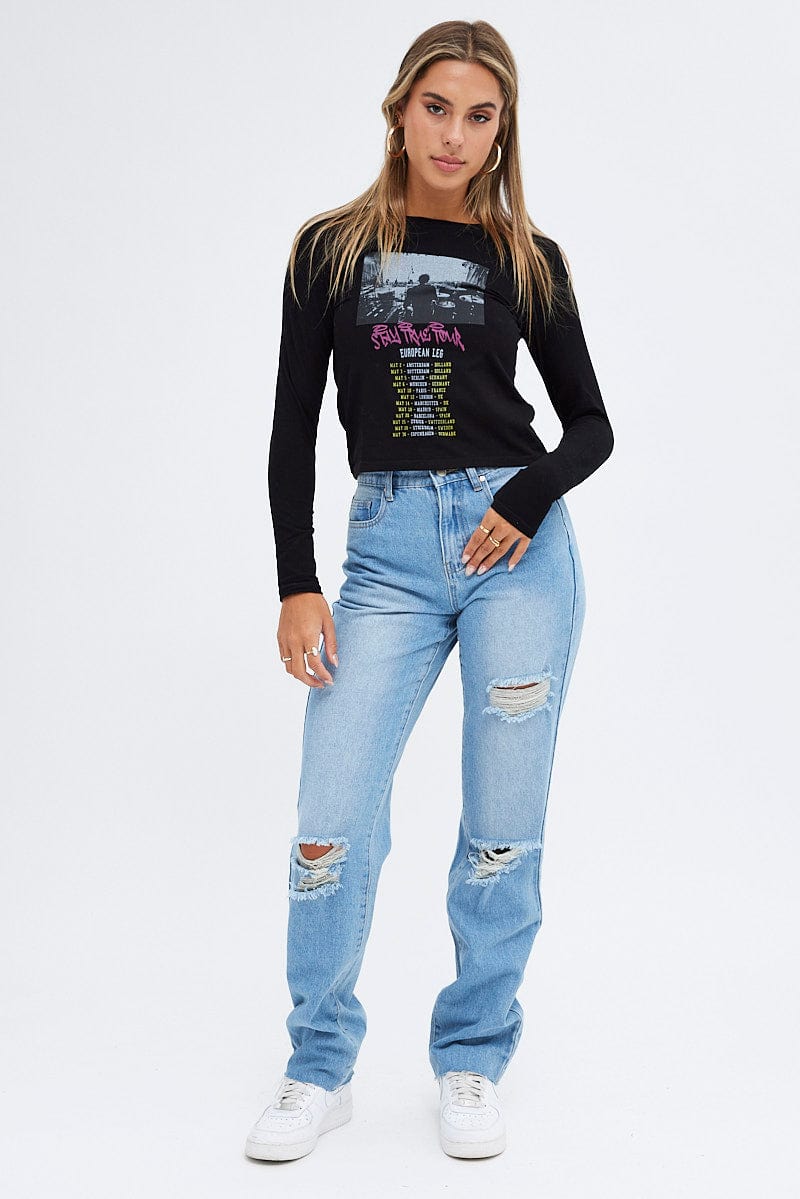 Black Top Long Sleeve Crew Neck Semi-Crop Tour Graphic for Ally Fashion