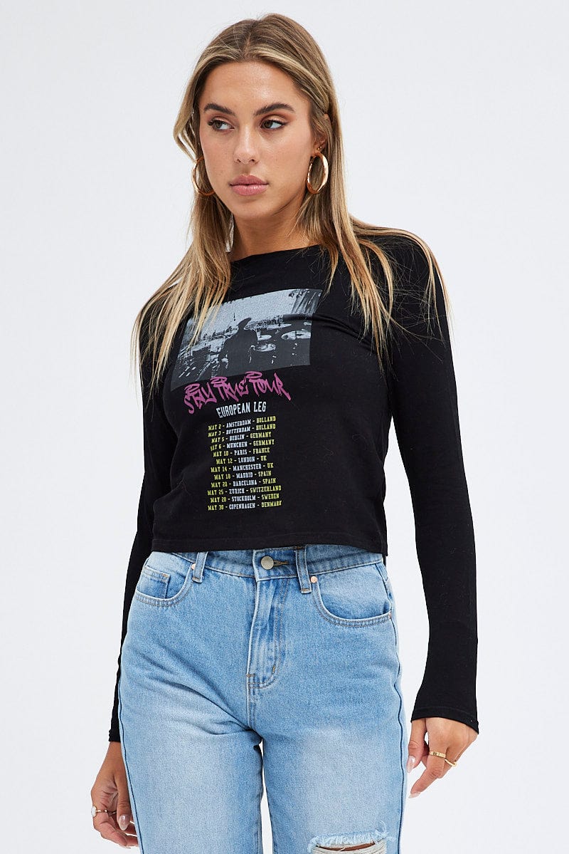 Black Top Long Sleeve Crew Neck Semi-Crop Tour Graphic for Ally Fashion