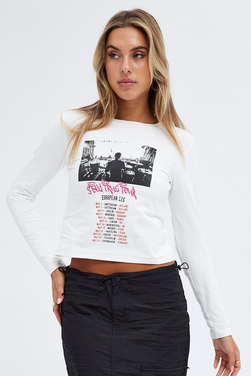 White Top Long Sleeve Crew Neck Semi-Crop Tour Graphic for Ally Fashion