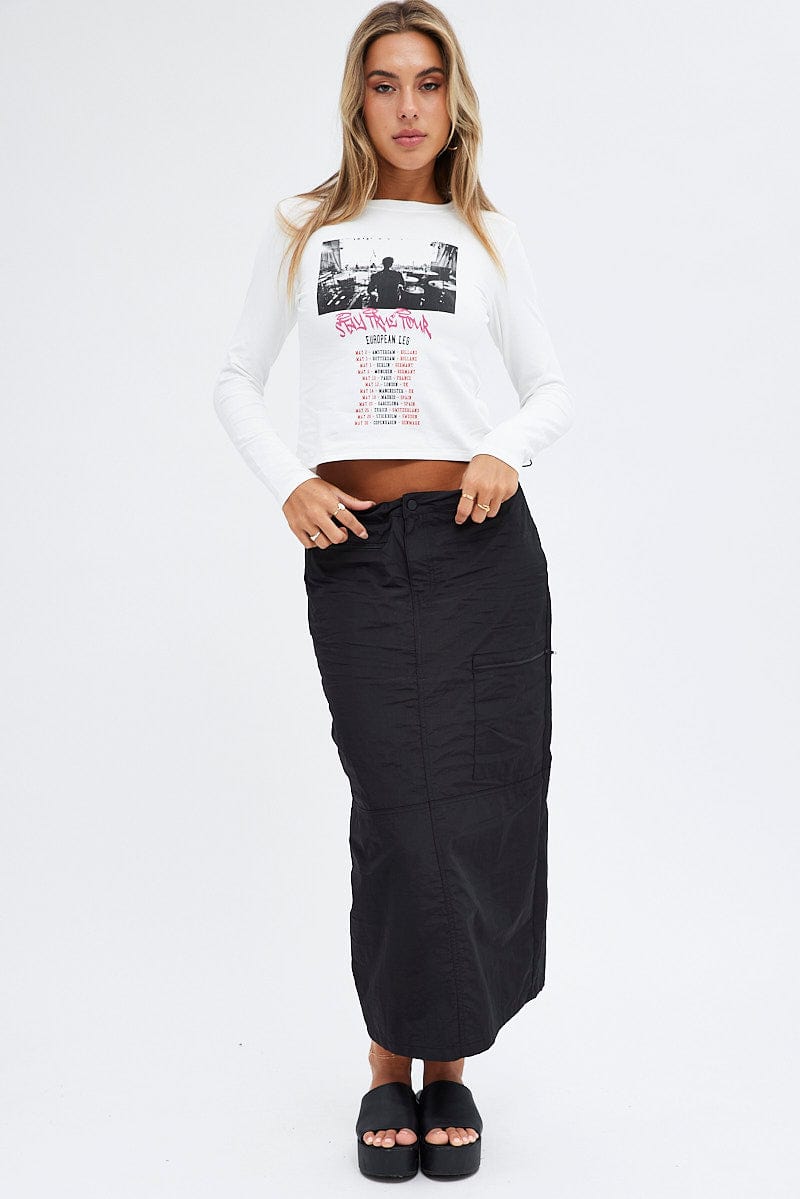 White Top Long Sleeve Crew Neck Semi-Crop Tour Graphic for Ally Fashion