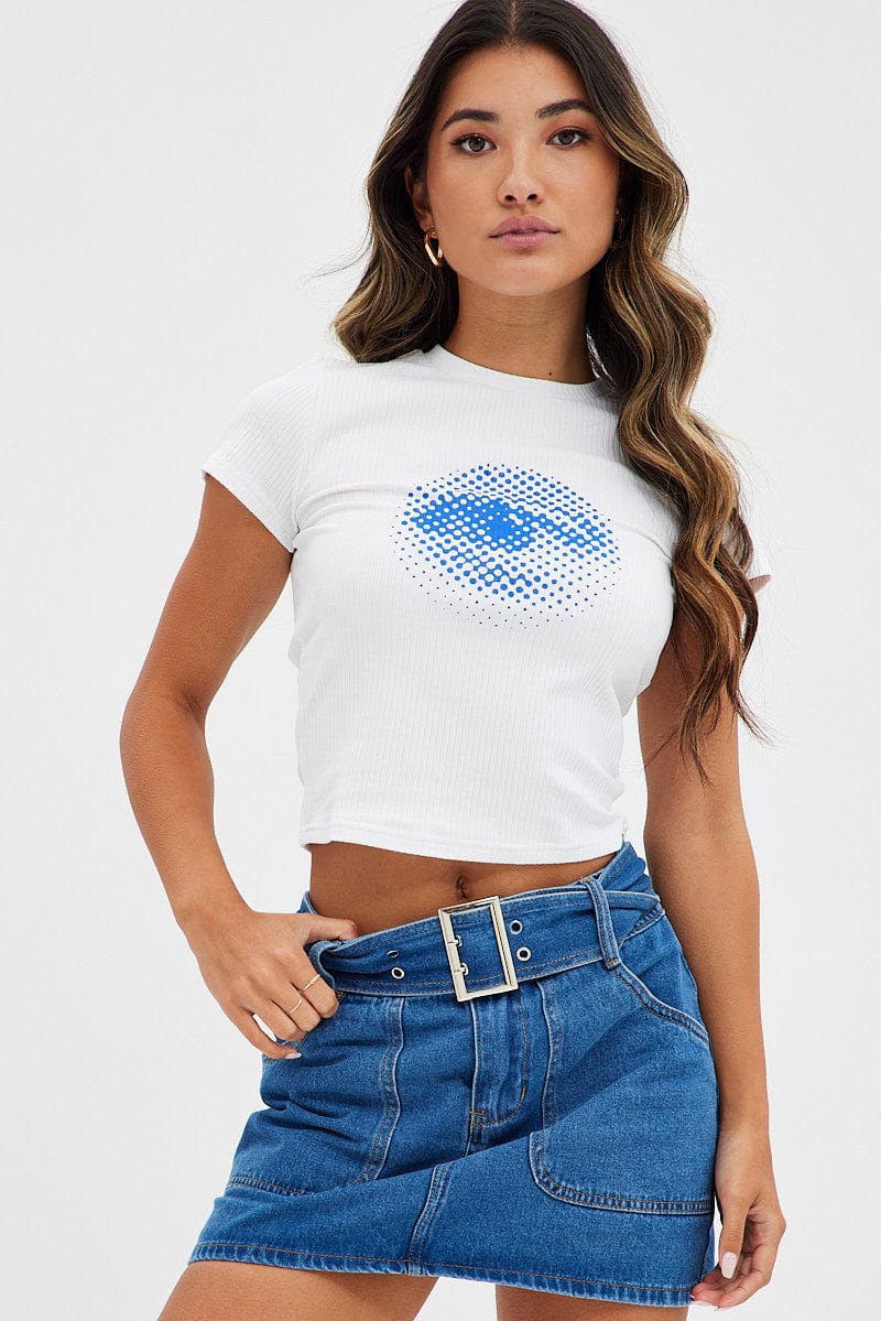 White Rib Tee Short Sleeves Crew Neck Longline Eye Print for Ally Fashion