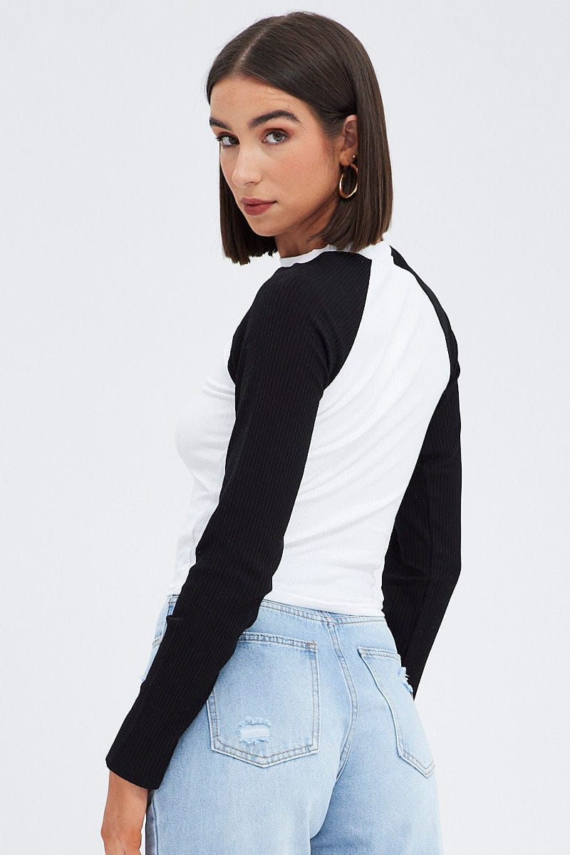 White Top Long Sleeve Crew Neck Longline Rock Graphic for Ally Fashion