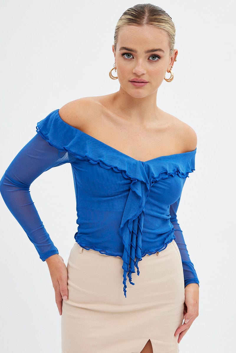 Blue Mesh Top Long Sleeve Off Shoulder Frill Lined for Ally Fashion