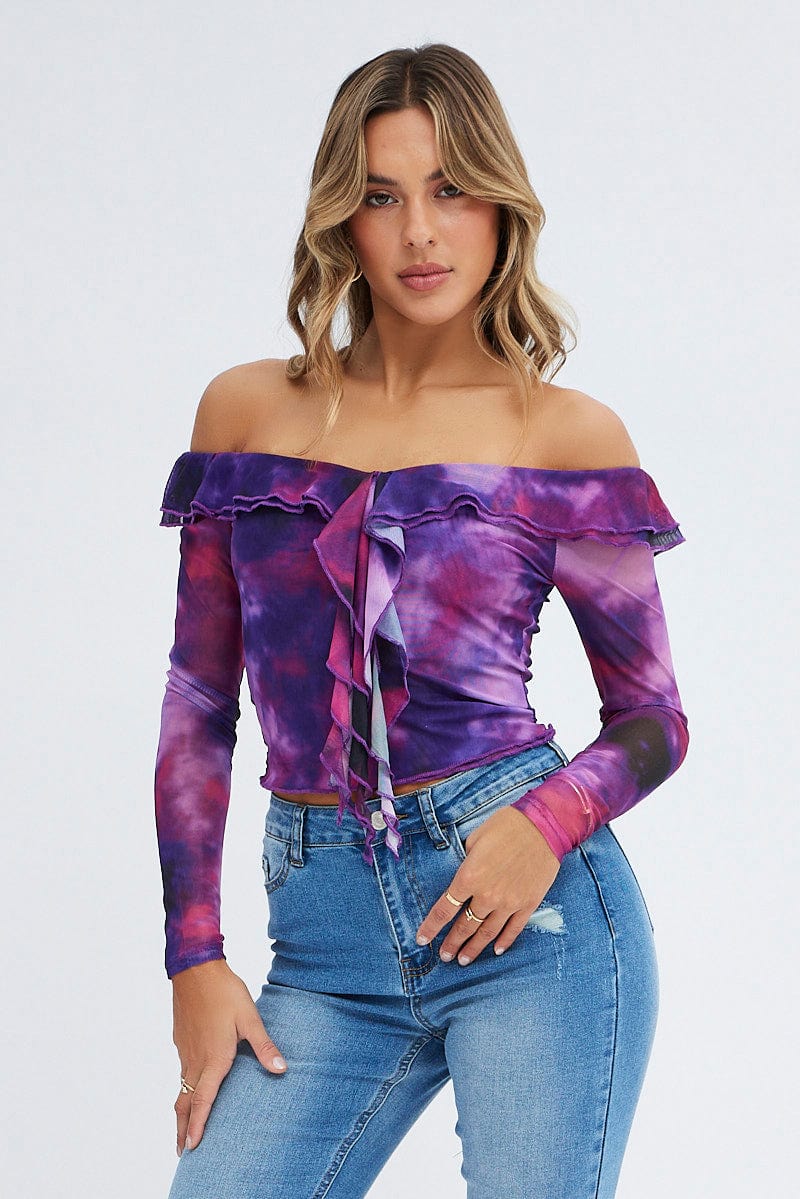 Purple Abstract Mesh Top Long Sleeve Off Shoulder Frill Lined for Ally Fashion