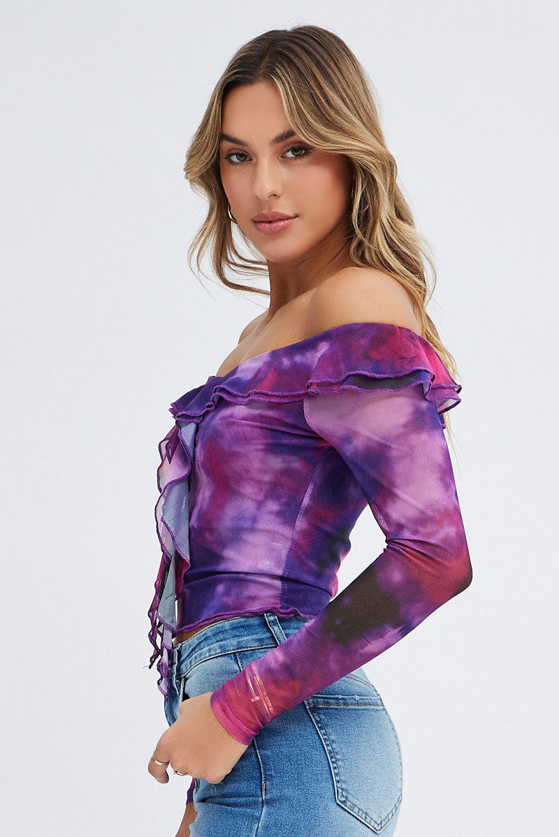 Purple Abstract Mesh Top Long Sleeve Off Shoulder Frill Lined for Ally Fashion