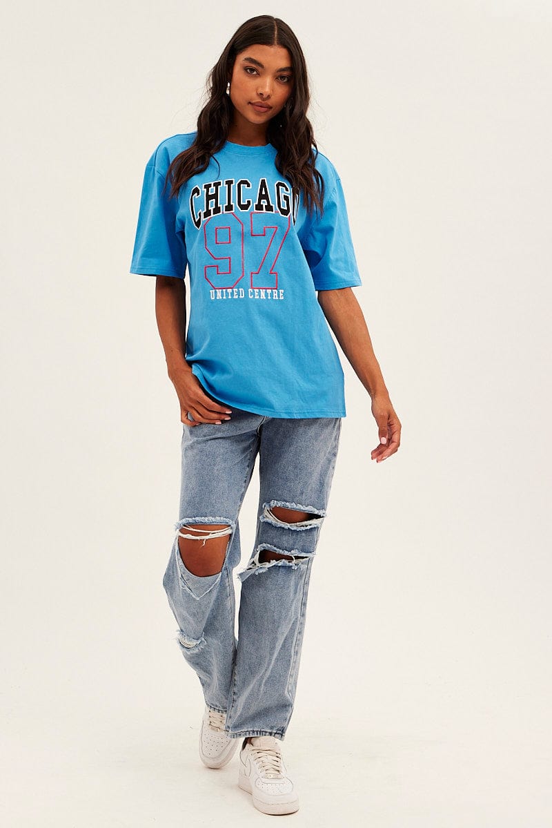 Blue Chicago Tee Short Sleeve Round Neck Embroidered for Ally Fashion