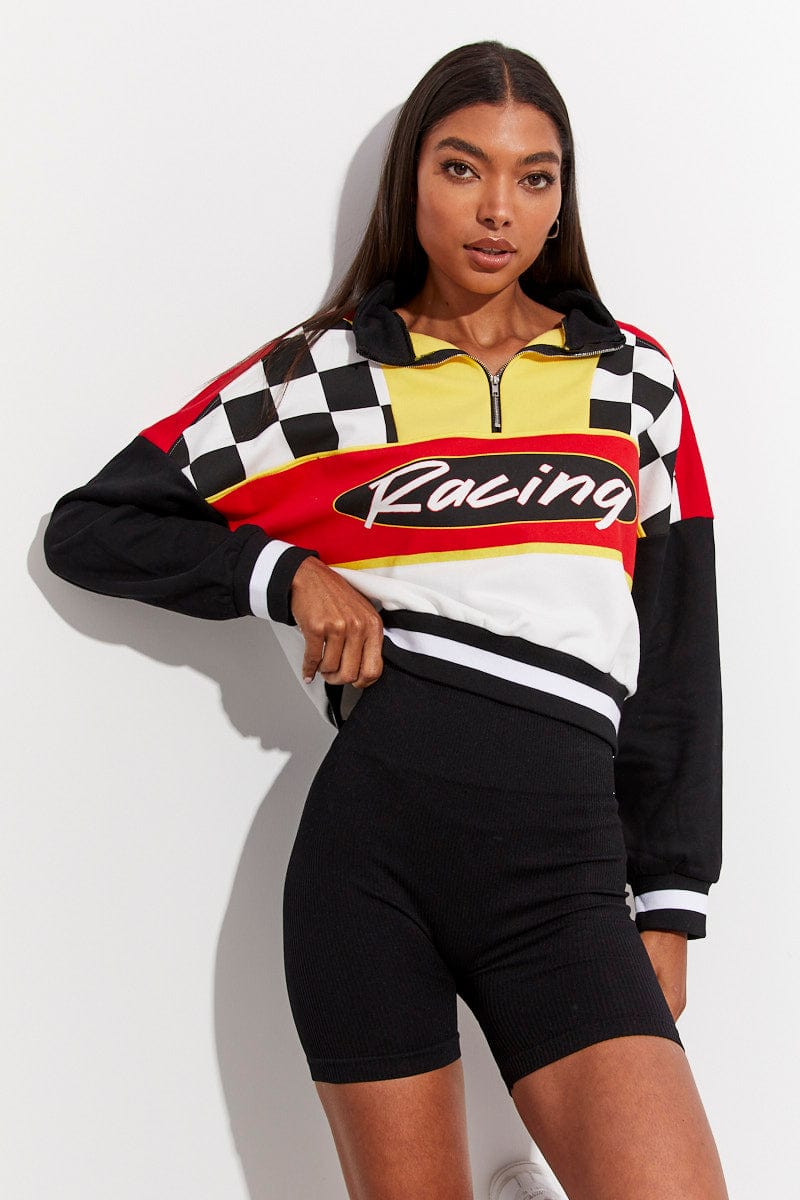 Red Sweater Racing Long Sleeve Half Zip Check for Ally Fashion