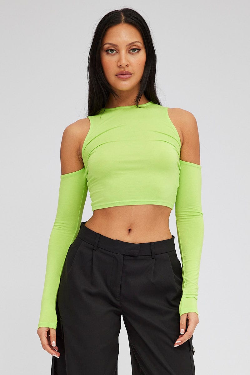 Green Top Long Sleeve Mock Neck Cold Shoulder Jersey for Ally Fashion